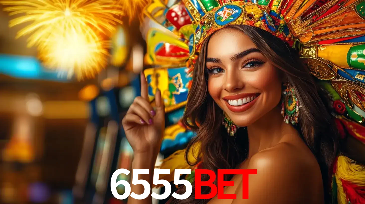 Mulher sorridente com um cocar de carnaval vibrante e colorido, celebrando uma grande vitória nos jogos do cassino 6555BET com fogos de artifício ao fundo.