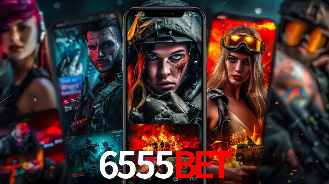Montagem de telas de celular mostrando diversos personagens, masculinos e femininos, de um jogo de tiro, ilustrando a diversidade de equipes de e-sports para apostar no 6555BET.