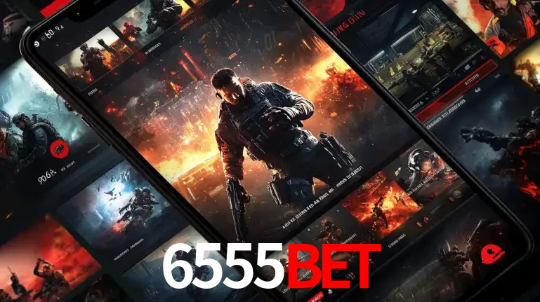 Tela de um celular exibindo uma galeria de jogos de tiro com temática militar, mostrando a variedade de e-sports disponíveis para apostas na plataforma de entretenimento 6555BET.