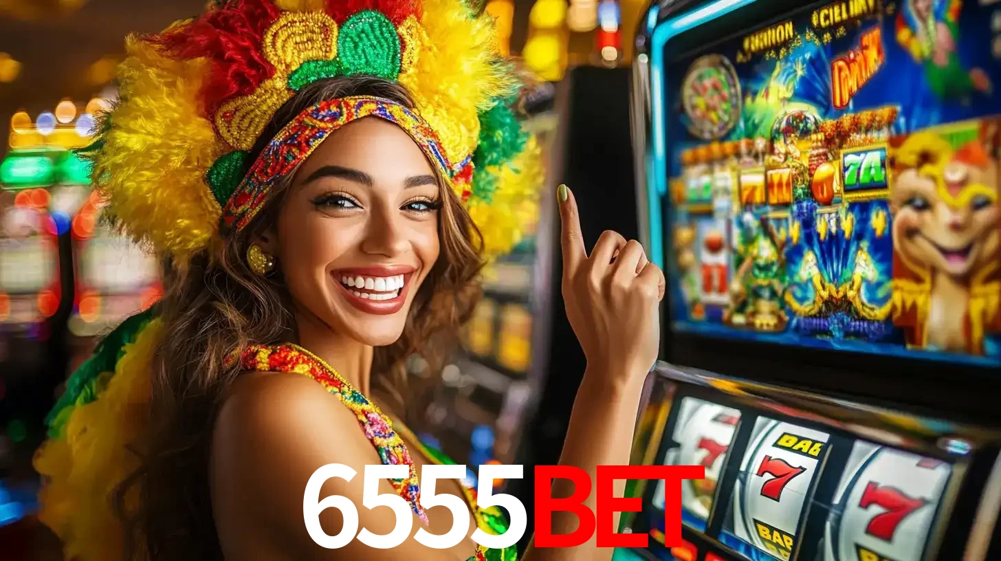 Mulher animada com um cocar de carnaval apontando para uma máquina de caça-níqueis, mostrando a emoção de ganhar um grande prêmio nos jogos do 6555BET.