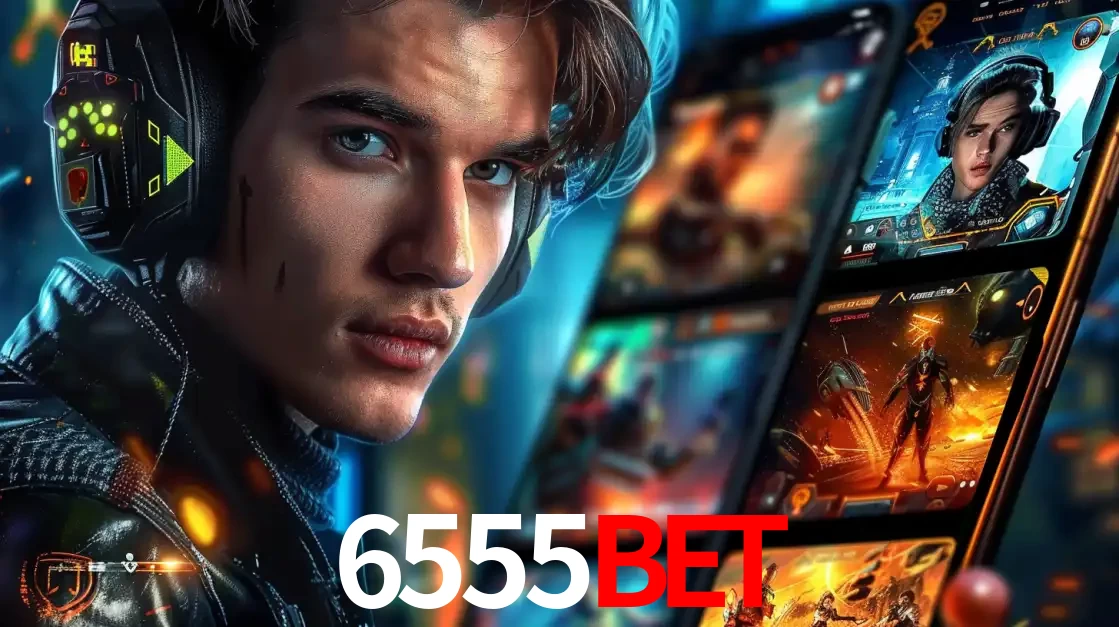 Jovem jogador com fones de ouvido olhando para a câmera, com um aplicativo de jogos e e-sports para celular ao fundo, pronto para a competição e apostas no 6555BET.