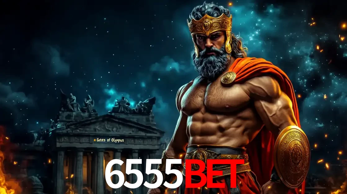 O poderoso Zeus do jogo de slot Gates of Olympus em frente ao seu templo, pronto para lançar multiplicadores divinos e prêmios épicos no cassino online 6555BET.