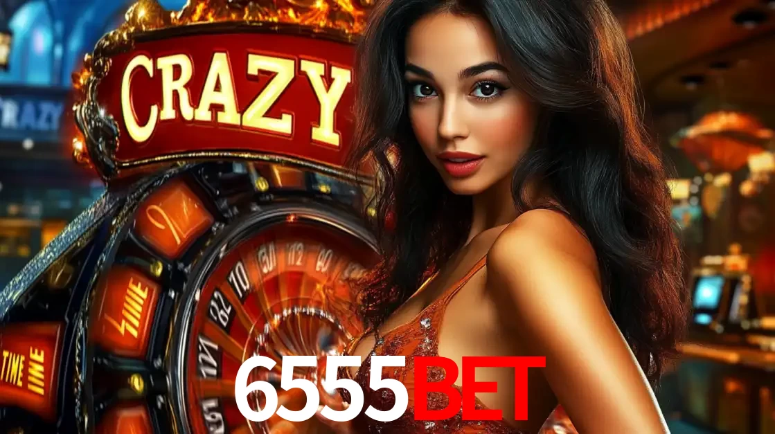 Mulher glamourosa olhando para a câmera com a roda vermelha do Crazy Time ao fundo em um ambiente de cassino, destacando a emoção dos jogos ao vivo no 6555BET.
