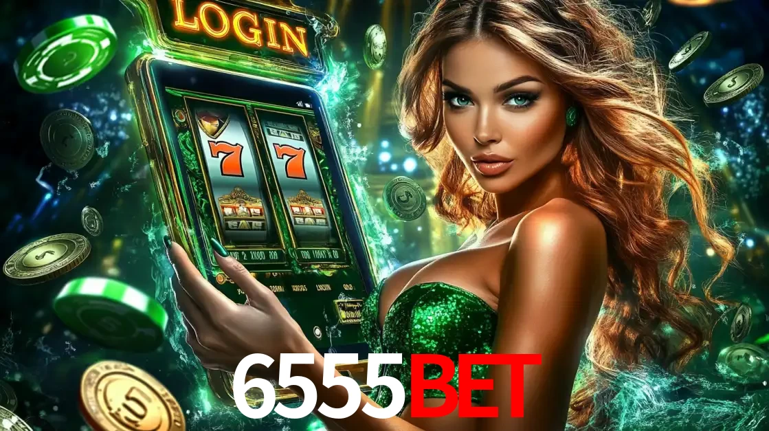 Mulher com tema verde apresentando o aplicativo do cassino 6555BET com um jogo de slot de 777, cercada por fichas de cassino e uma aura de sorte.