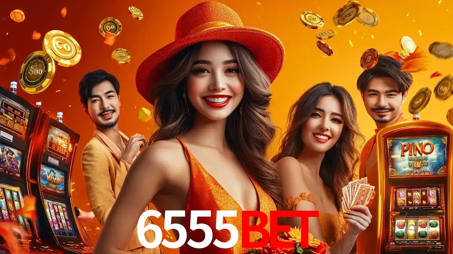 Grupo de amigos asiáticos sorrindo e se divertindo com máquinas de caça-níqueis em um ambiente festivo, celebrando suas vitórias nos jogos de cassino do 6555BET.