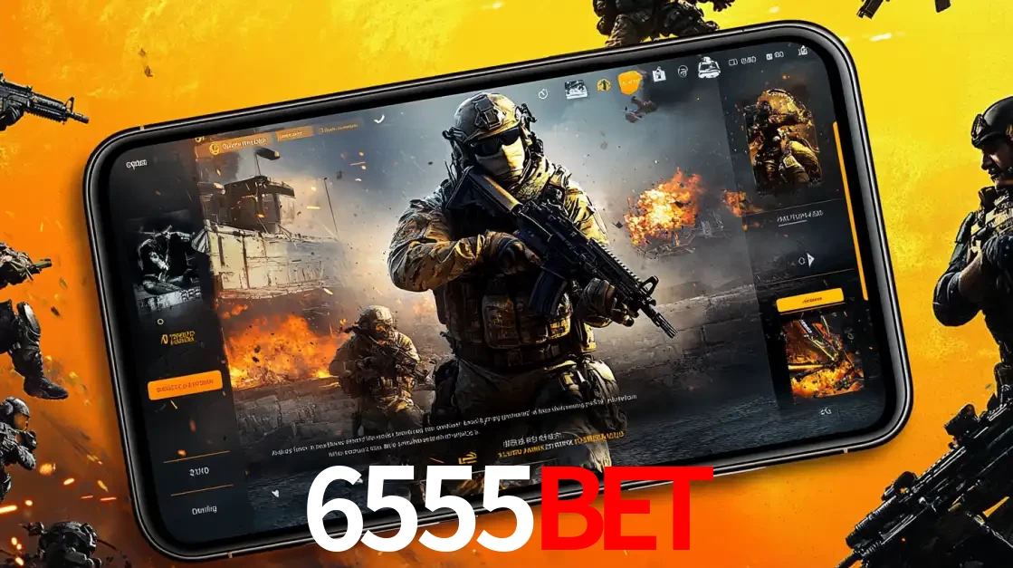 Um smartphone exibindo a interface de um jogo de tiro em primeira pessoa, com um soldado em um cenário de batalha, representando a ação dos e-sports para apostar no 6555BET.