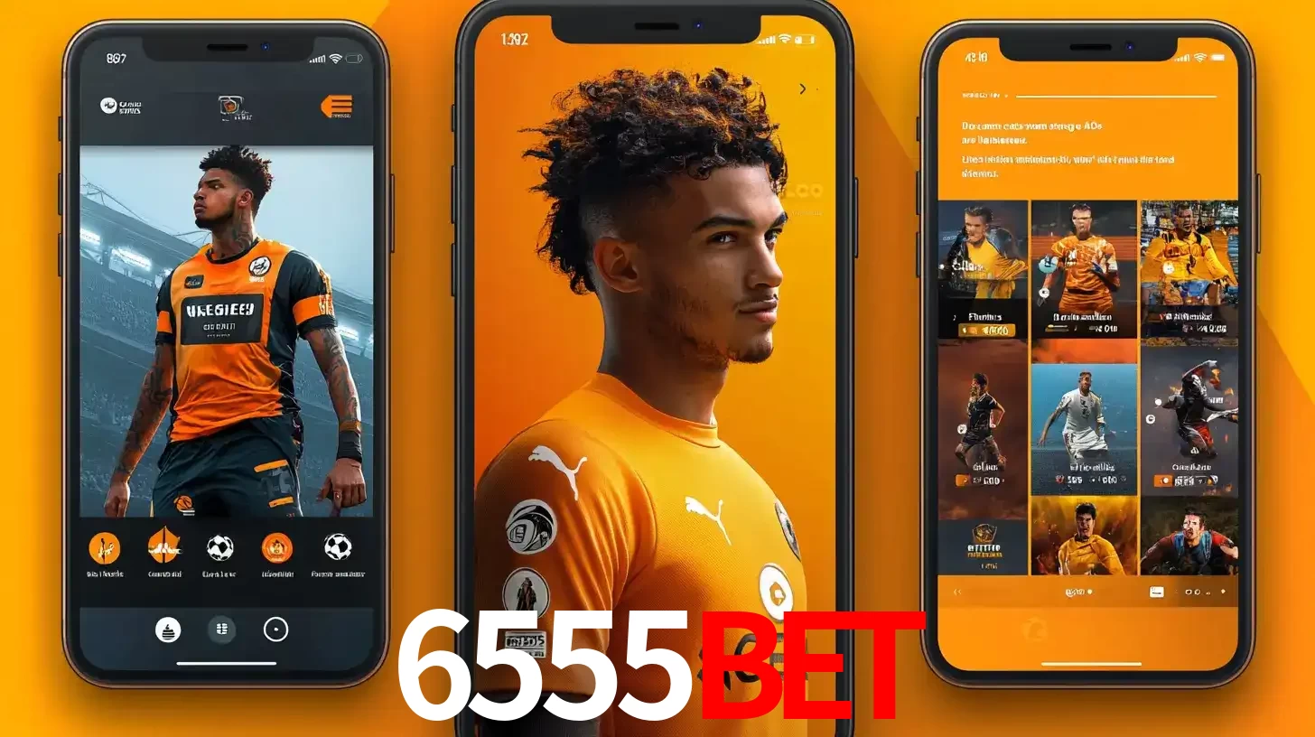 Interface do aplicativo de apostas esportivas 6555BET em três telas de celular, mostrando o perfil de um jogador de futebol e a lista de jogos disponíveis para apostar.