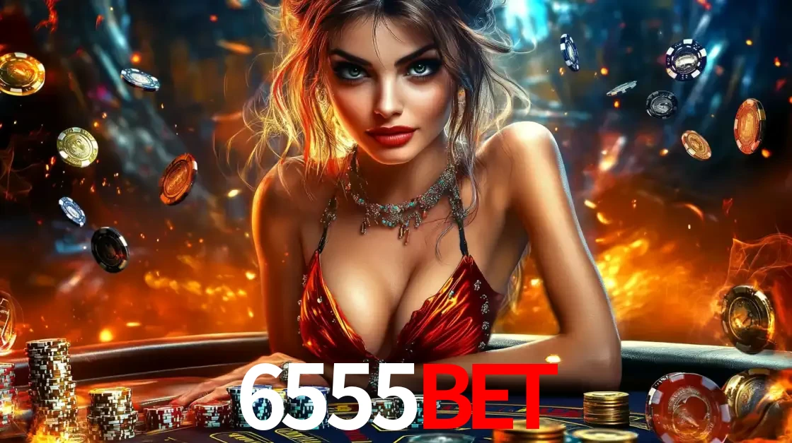 Mulher em uma mesa de cassino com pilhas de fichas e um fundo de fogo, pronta para uma rodada de altas apostas nos jogos de mesa emocionantes do cassino 6555BET.