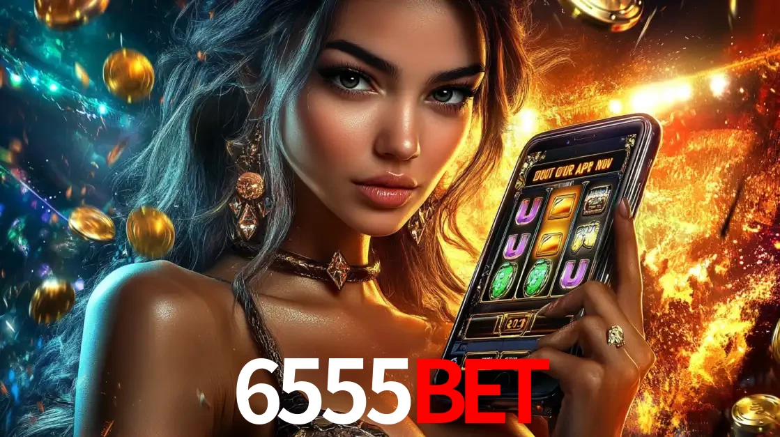 Mulher elegante mostrando um jogo de caça-níqueis em seu smartphone, destacando a experiência de cassino móvel oferecida pelo aplicativo 6555BET.