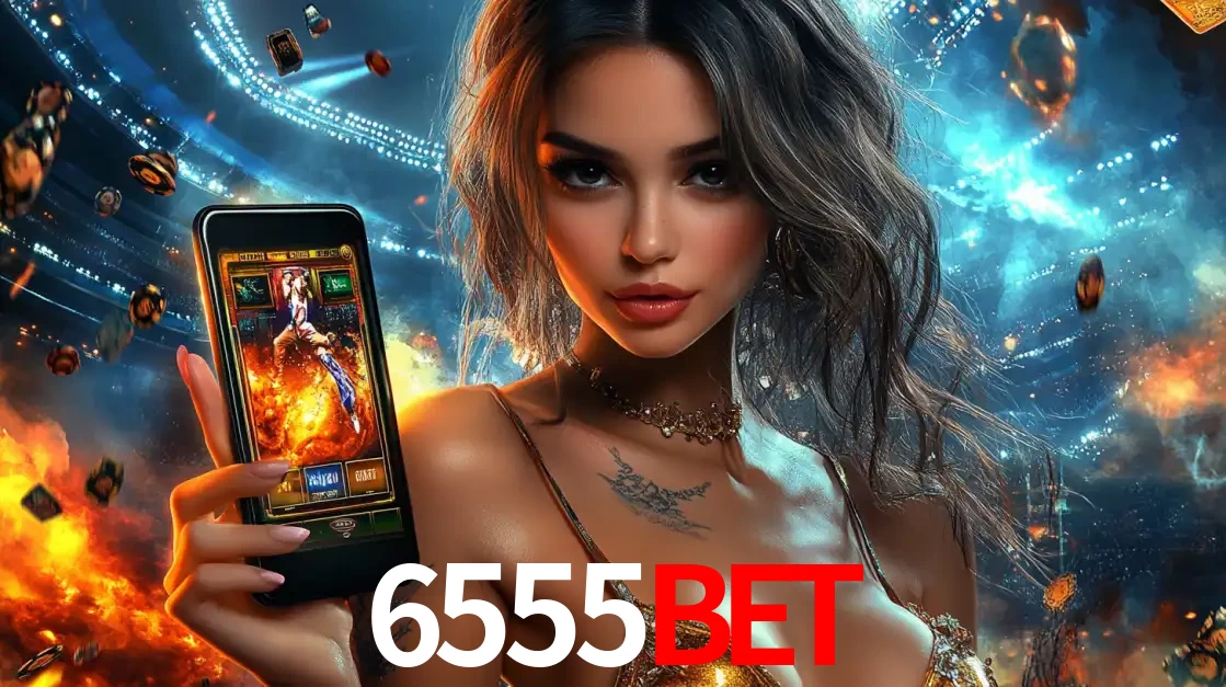Mulher segurando um celular com um jogo de slot em destaque, tendo como fundo um estádio vibrante, simbolizando a emoção de jogar no cassino móvel 6555BET.