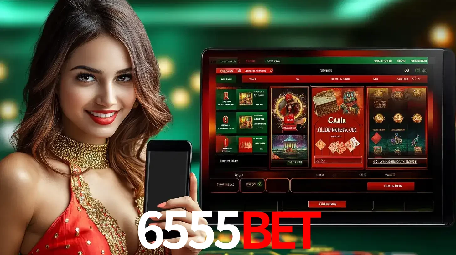 Mulher sorridente segurando um smartphone, ao lado de uma tela exibindo o lobby de jogos do cassino online 6555BET, com várias opções de jogos de cartas e slots.
